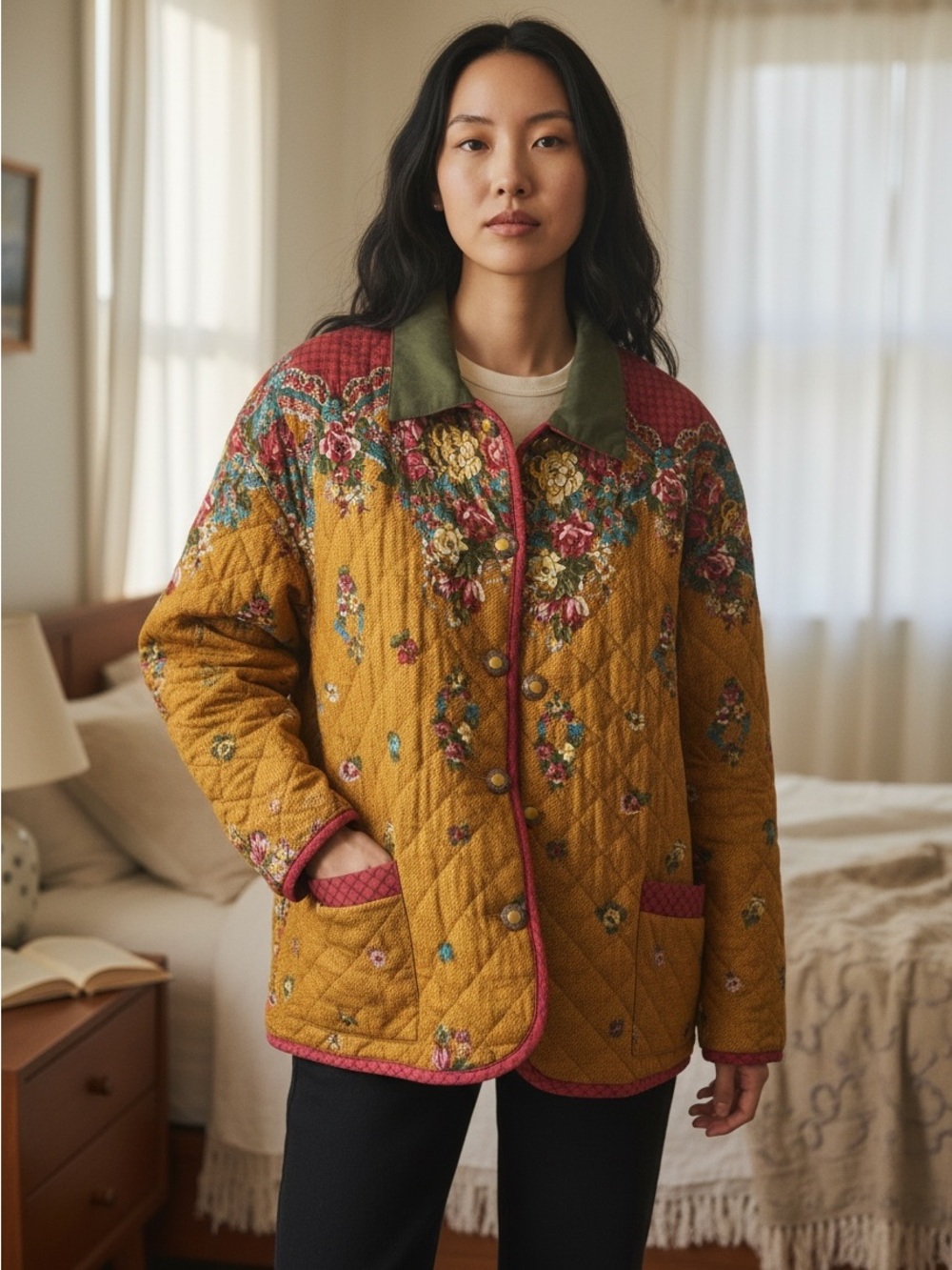 Carole Little Quilted Floral Jacket in Mustard with Olive Collar